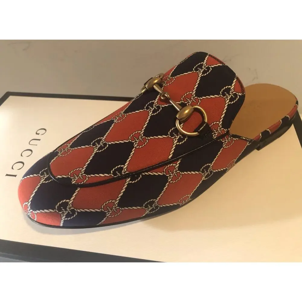 NIB Gucci Princetown Rhombus Chain-Print Horsebit Mules Size 5.5EU/6.5US $790.00